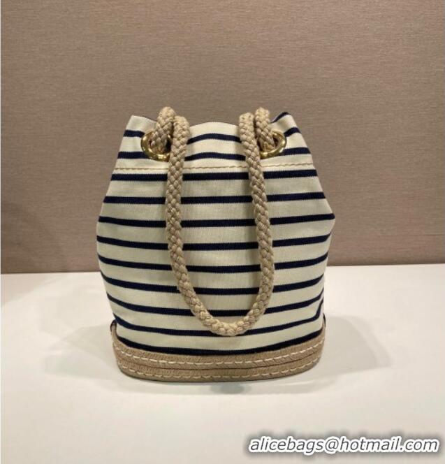 Top Grade Prada Mariner small striped fabric bucket bag 1BE082 White/Blue 2025