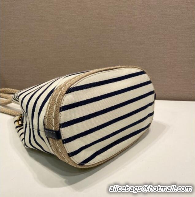 Top Grade Prada Mariner small striped fabric bucket bag 1BE082 White/Blue 2025