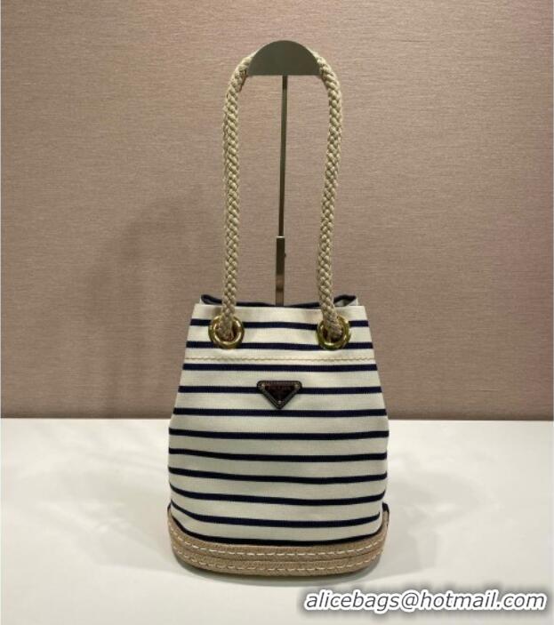Top Grade Prada Mariner small striped fabric bucket bag 1BE082 White/Blue 2025