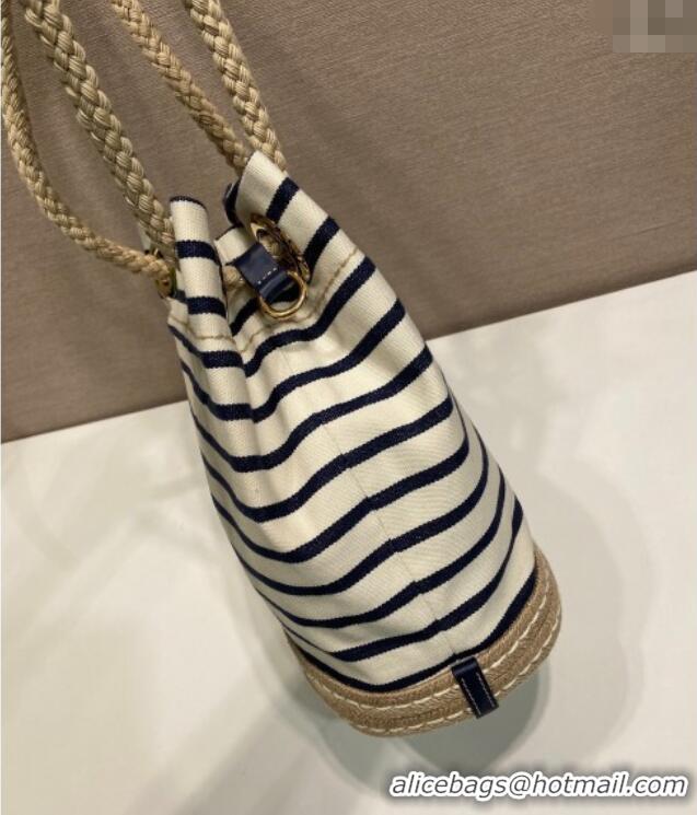 Top Grade Prada Mariner small striped fabric bucket bag 1BE082 White/Blue 2025