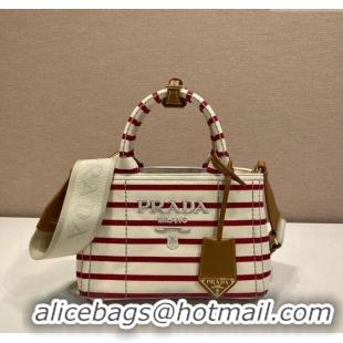 Free Shipping Prada Jardiniere striped cotton canvas mini-bag 1BA038 White/Red 2025