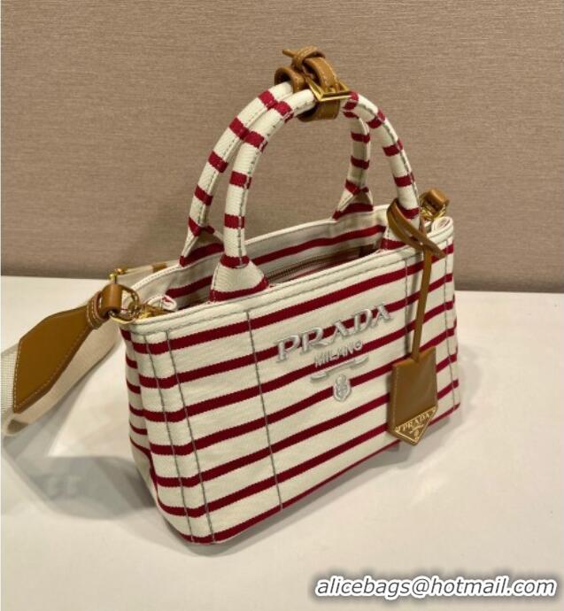 Free Shipping Prada Jardiniere striped cotton canvas mini-bag 1BA038 White/Red 2025