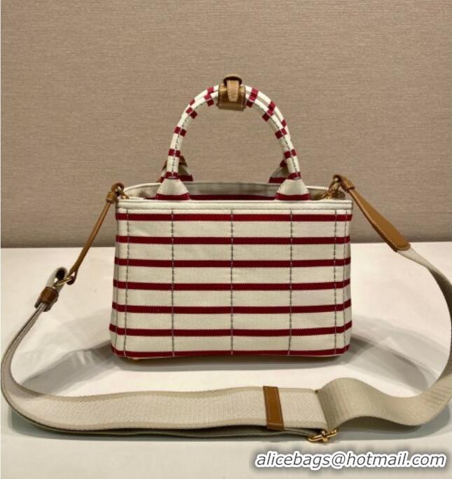 Free Shipping Prada Jardiniere striped cotton canvas mini-bag 1BA038 White/Red 2025