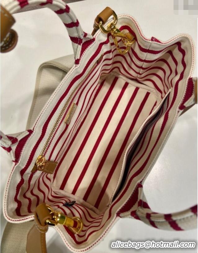 Free Shipping Prada Jardiniere striped cotton canvas mini-bag 1BA038 White/Red 2025