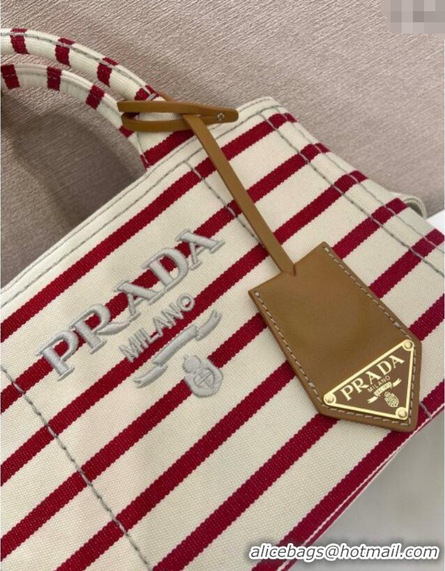 Free Shipping Prada Jardiniere striped cotton canvas mini-bag 1BA038 White/Red 2025