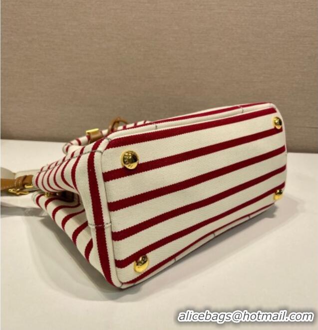 Free Shipping Prada Jardiniere striped cotton canvas mini-bag 1BA038 White/Red 2025