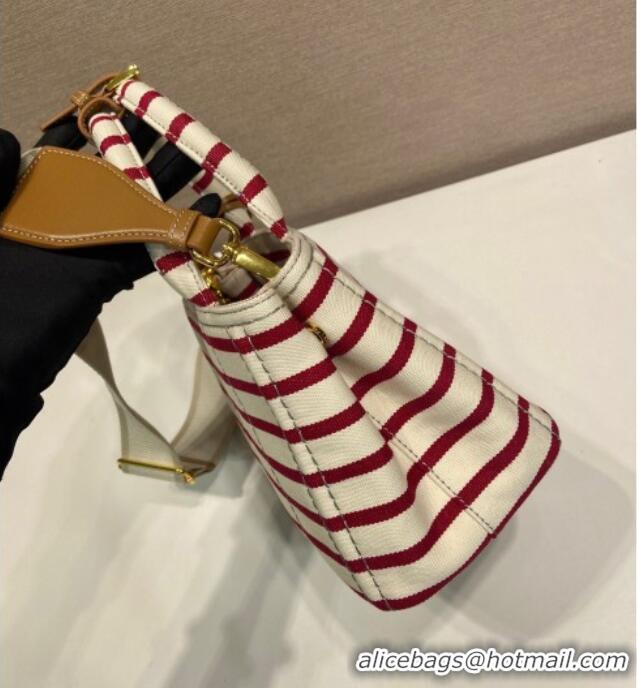 Free Shipping Prada Jardiniere striped cotton canvas mini-bag 1BA038 White/Red 2025