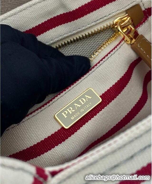 Free Shipping Prada Jardiniere striped cotton canvas mini-bag 1BA038 White/Red 2025