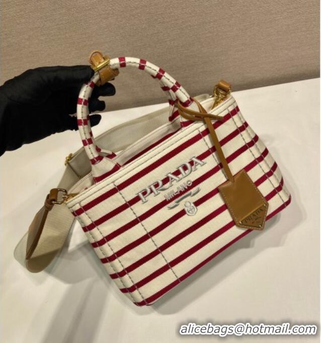 Free Shipping Prada Jardiniere striped cotton canvas mini-bag 1BA038 White/Red 2025