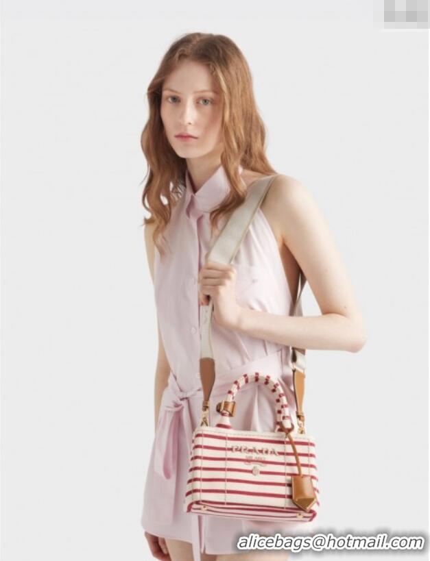 Free Shipping Prada Jardiniere striped cotton canvas mini-bag 1BA038 White/Red 2025
