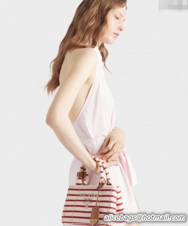 Free Shipping Prada Jardiniere striped cotton canvas mini-bag 1BA038 White/Red 2025
