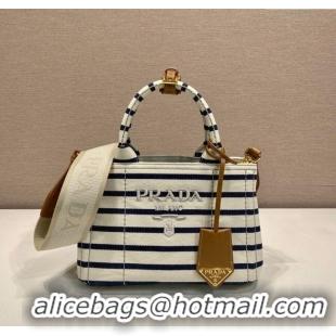 Luxury Cheap Prada Jardiniere striped cotton canvas mini-bag 1BA038 White/Blue 2025