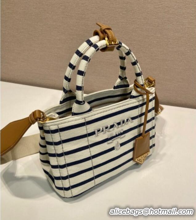 Luxury Cheap Prada Jardiniere striped cotton canvas mini-bag 1BA038 White/Blue 2025
