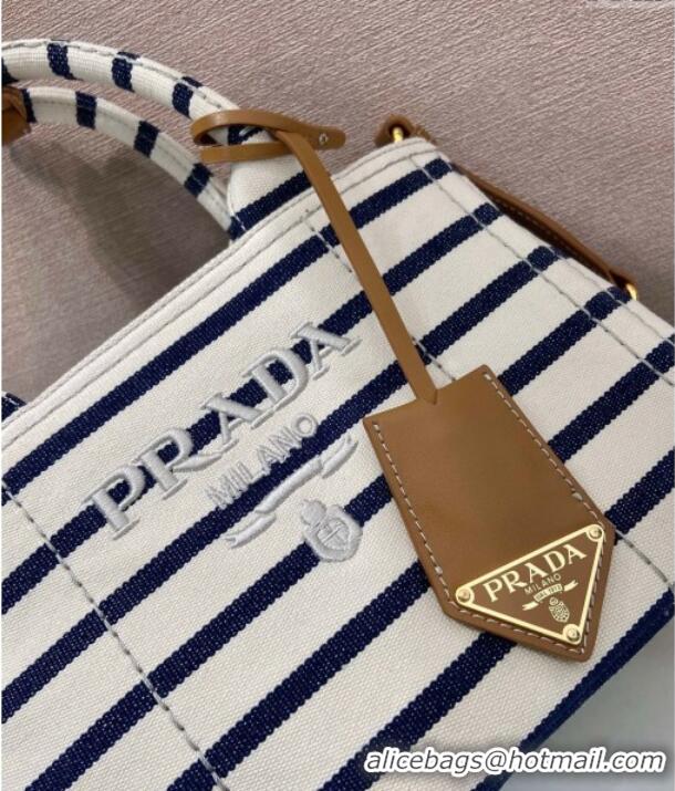 Luxury Cheap Prada Jardiniere striped cotton canvas mini-bag 1BA038 White/Blue 2025