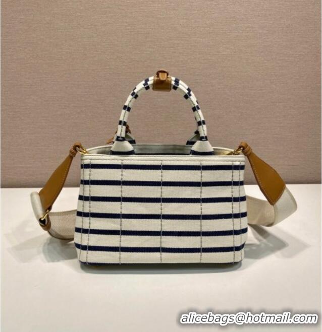 Luxury Cheap Prada Jardiniere striped cotton canvas mini-bag 1BA038 White/Blue 2025