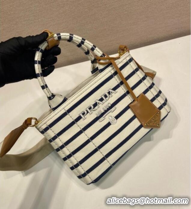 Luxury Cheap Prada Jardiniere striped cotton canvas mini-bag 1BA038 White/Blue 2025