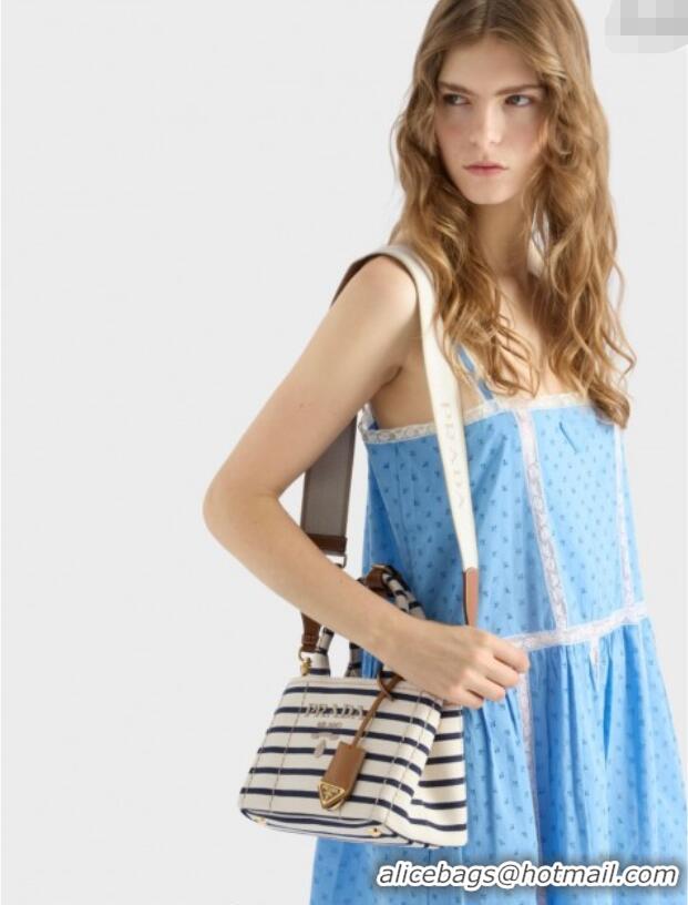 Luxury Cheap Prada Jardiniere striped cotton canvas mini-bag 1BA038 White/Blue 2025