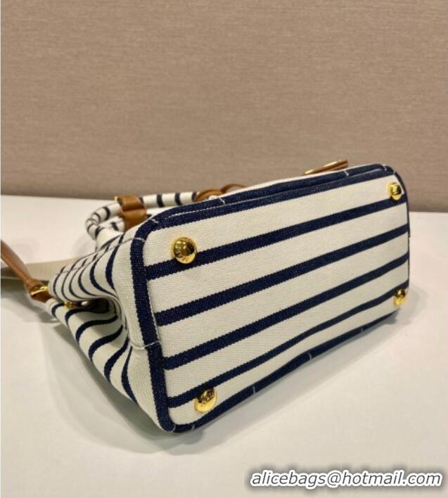 Luxury Cheap Prada Jardiniere striped cotton canvas mini-bag 1BA038 White/Blue 2025