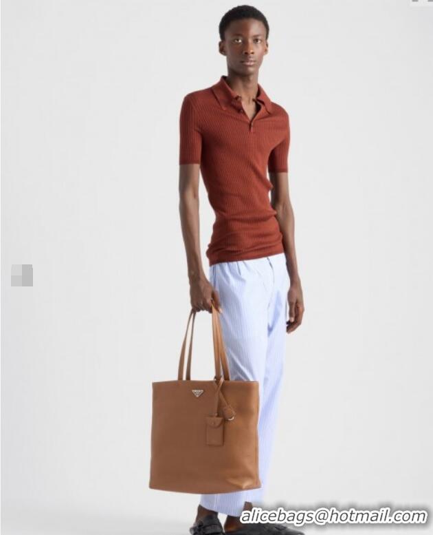 Traditional Discount Prada Mens Leather Tote Bag 2VG130 Cognac Brown 2025