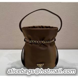 Most Popular Prada Nylon Small Bucket Bag with Chain 1BE088 Brown 2025