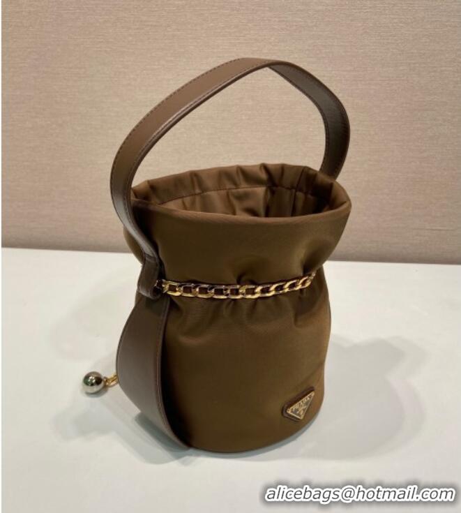 Most Popular Prada Nylon Small Bucket Bag with Chain 1BE088 Brown 2025