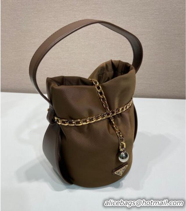 Most Popular Prada Nylon Small Bucket Bag with Chain 1BE088 Brown 2025