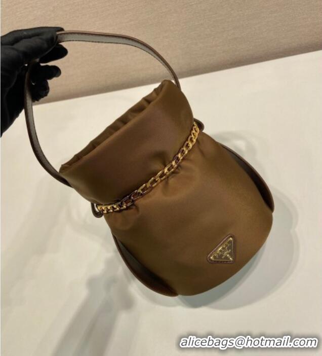 Most Popular Prada Nylon Small Bucket Bag with Chain 1BE088 Brown 2025