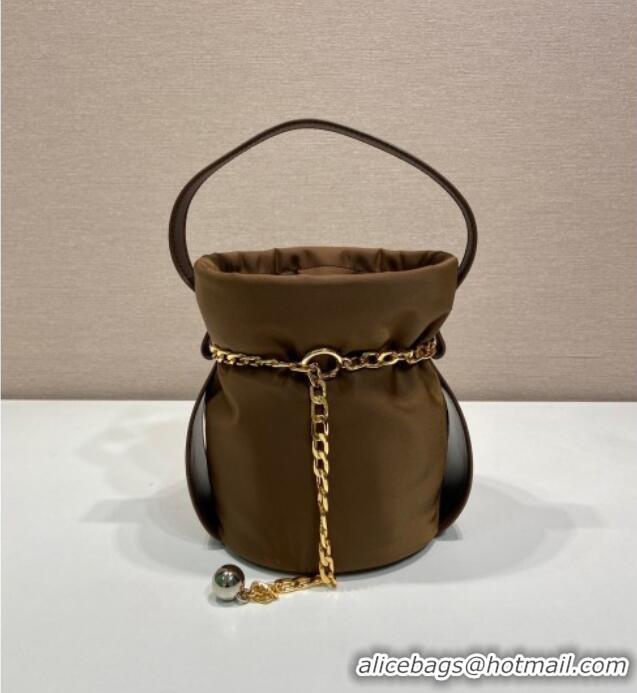 Most Popular Prada Nylon Small Bucket Bag with Chain 1BE088 Brown 2025
