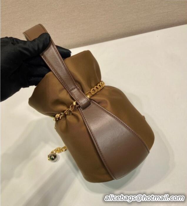 Most Popular Prada Nylon Small Bucket Bag with Chain 1BE088 Brown 2025