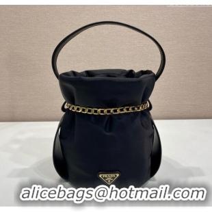 Top Design Prada Nylon Small Bucket Bag with Chain 1BE088 Black 2025