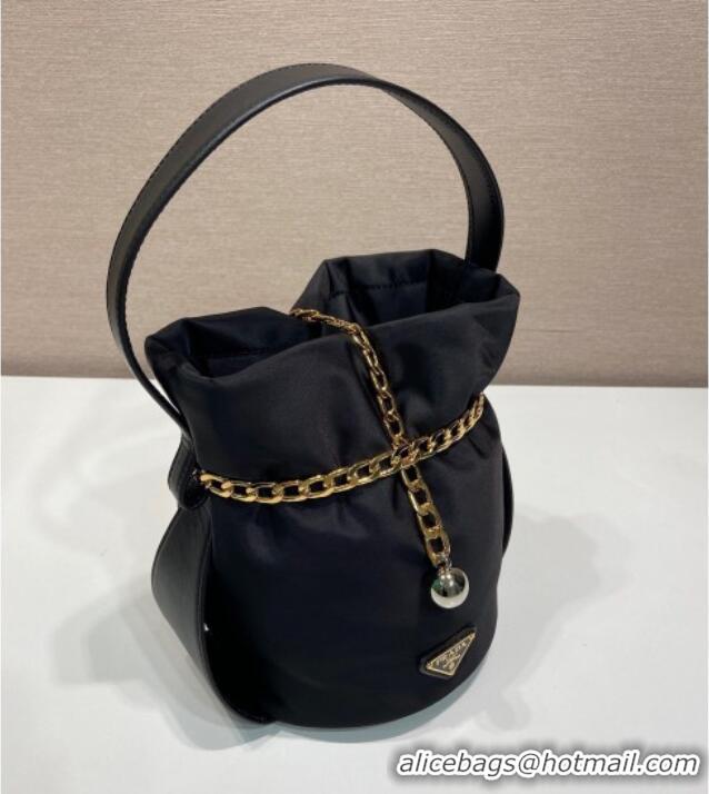 Top Design Prada Nylon Small Bucket Bag with Chain 1BE088 Black 2025