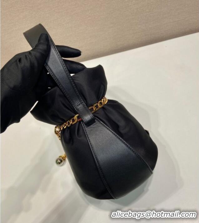 Top Design Prada Nylon Small Bucket Bag with Chain 1BE088 Black 2025