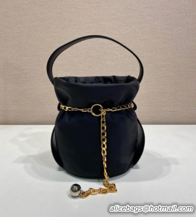 Top Design Prada Nylon Small Bucket Bag with Chain 1BE088 Black 2025