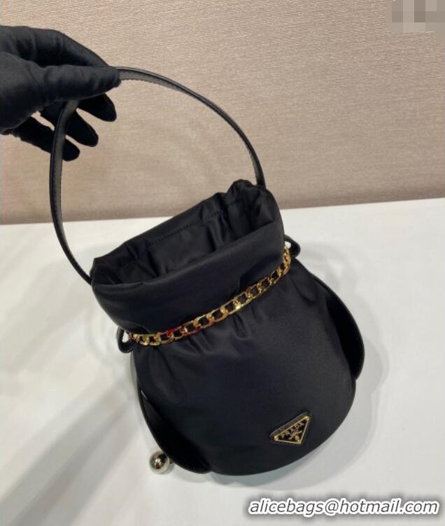 Top Design Prada Nylon Small Bucket Bag with Chain 1BE088 Black 2025