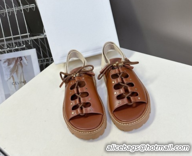 Buy New Cheap Celine Billie Chunky Sandals in Calfskin and Textile Brown 0604001