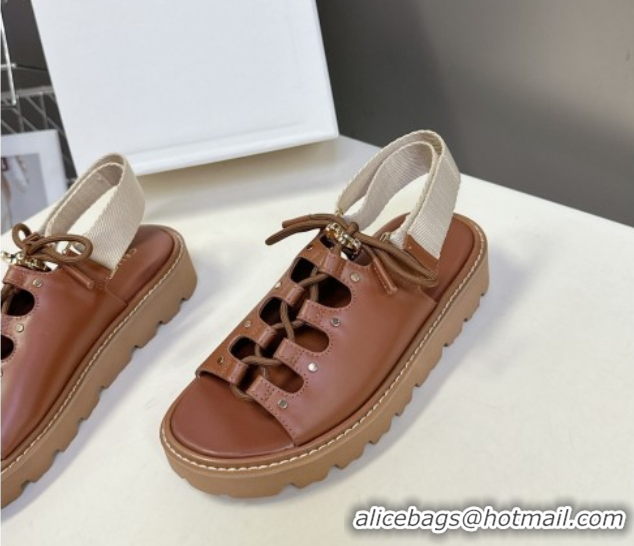 Buy New Cheap Celine Billie Chunky Sandals in Calfskin and Textile Brown 0604001