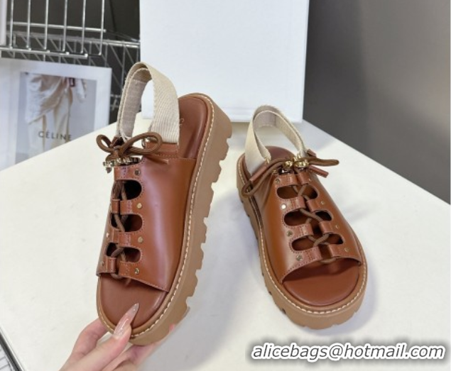 Buy New Cheap Celine Billie Chunky Sandals in Calfskin and Textile Brown 0604001