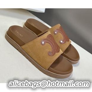 Grade Quality Celine Triomphe Suede Slides Sandals Brown 2025 CL060401