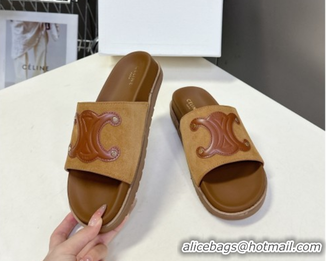 Grade Quality Celine Triomphe Suede Slides Sandals Brown 2025 CL060401