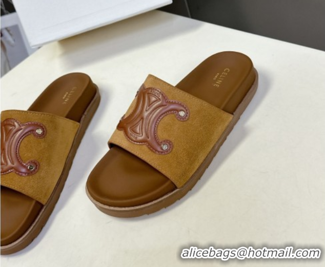 Grade Quality Celine Triomphe Suede Slides Sandals Brown 2025 CL060401