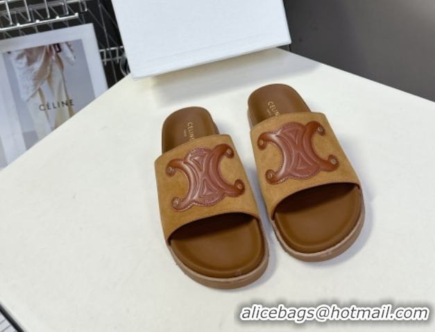 Grade Quality Celine Triomphe Suede Slides Sandals Brown 2025 CL060401
