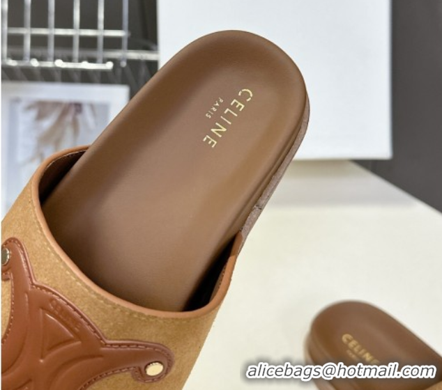 Grade Quality Celine Triomphe Suede Slides Sandals Brown 2025 CL060401