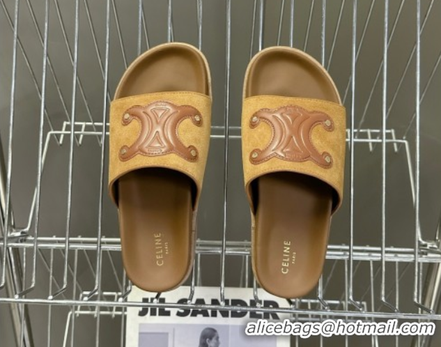Grade Quality Celine Triomphe Suede Slides Sandals Brown 2025 CL060401