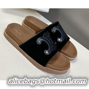Best Grade Celine Triomphe Suede Slides Sandals Black 2025 CL060401