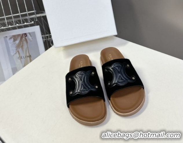 Best Grade Celine Triomphe Suede Slides Sandals Black 2025 CL060401
