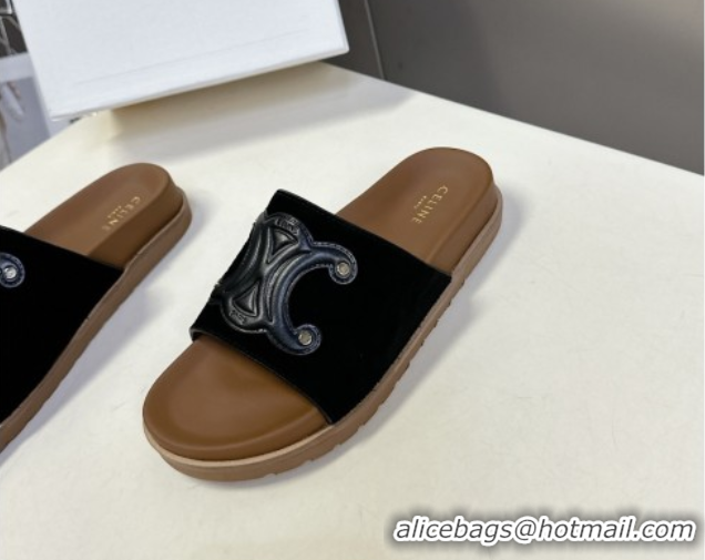 Best Grade Celine Triomphe Suede Slides Sandals Black 2025 CL060401