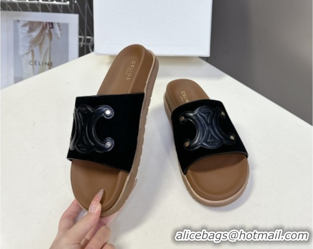 Best Grade Celine Triomphe Suede Slides Sandals Black 2025 CL060401
