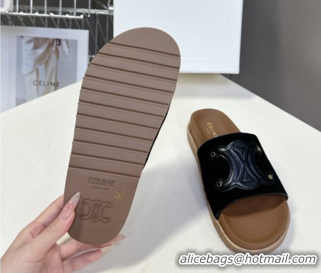 Best Grade Celine Triomphe Suede Slides Sandals Black 2025 CL060401