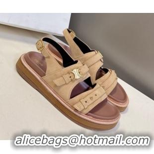 Stylish Celine Tippi Triomphe Flat Sandals in Suede Beige 0709070