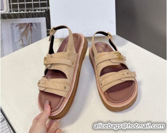 Stylish Celine Tippi Triomphe Flat Sandals in Suede Beige 0709070